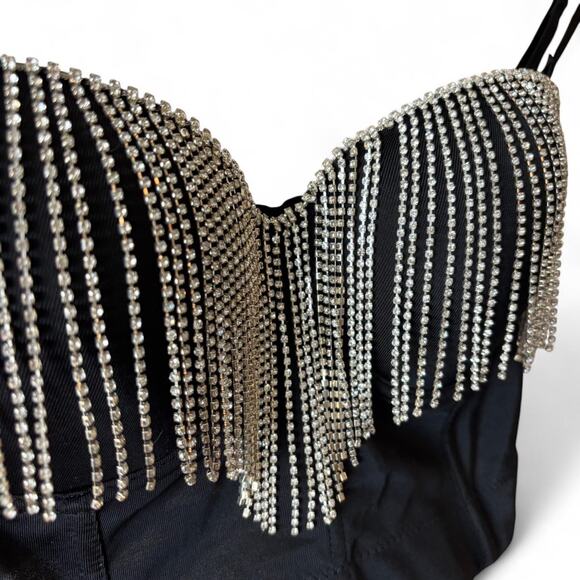 Rhinestone Fringe Corset Top – Black (Approx. Size M) - Picture 2 of 5